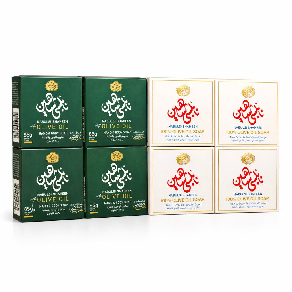 Bundle of 4 ‘n’ 4 – Nabulsi Shaheen 4x125 g 100% Olive oil and 4x85 Grams Hand & Body Soap - Nature Green Collection 8 Bars Total
